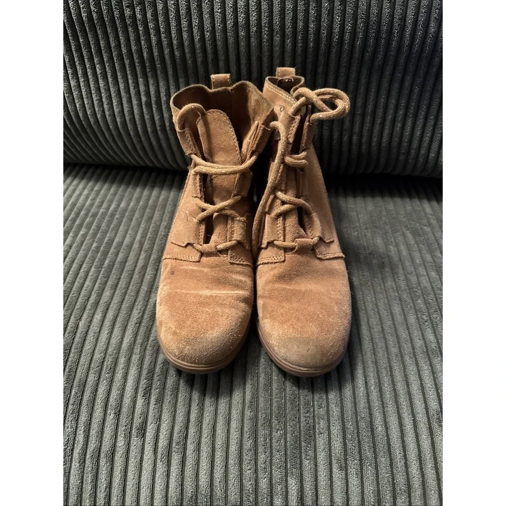 Sorel Womens 6.5 Wedge Boots Ankle Booties Evie Lace Up Suede Camel Brown‎ Tan